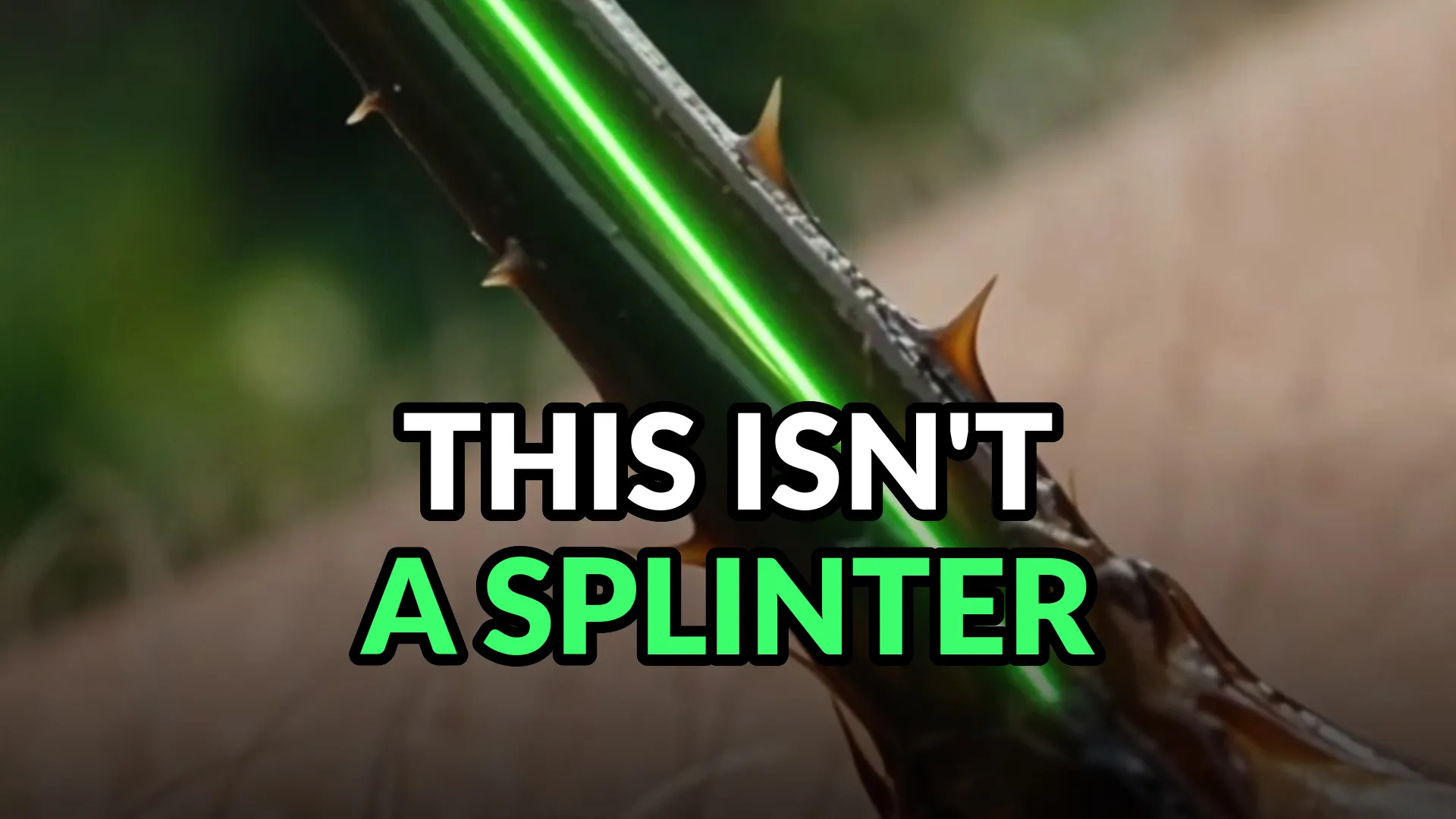Extreme macro of a torn-out honeybee stinger standing in skin, its barbs catching the light and a green line running down the shaft. Burned-in caption: This isn't a splinter.